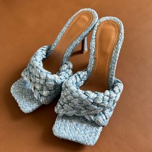 Baby blue woven/raffia mules heels